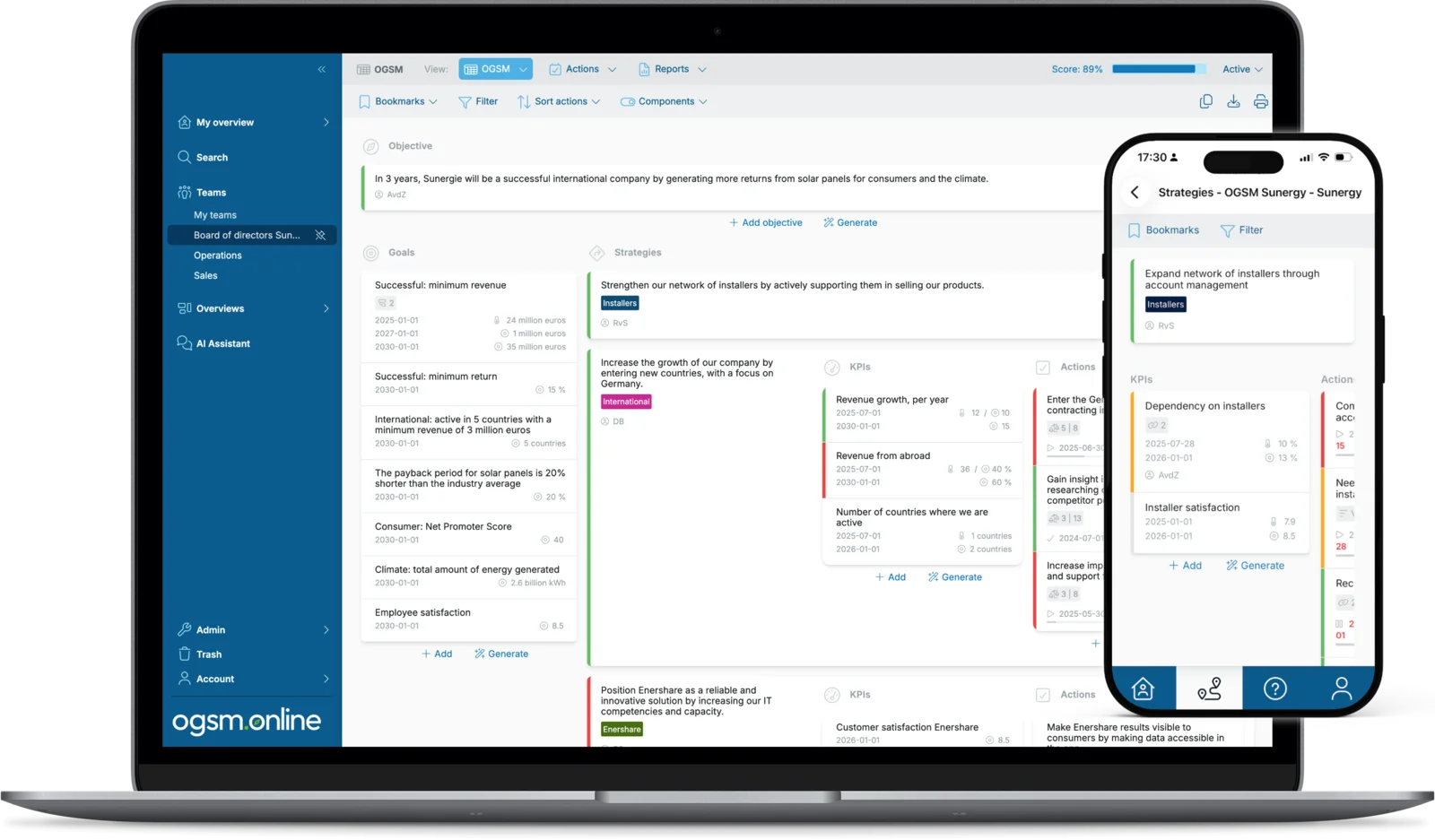 An OGSM plan open on a laptop in OGSM.online, with the same plan on a phone beside it