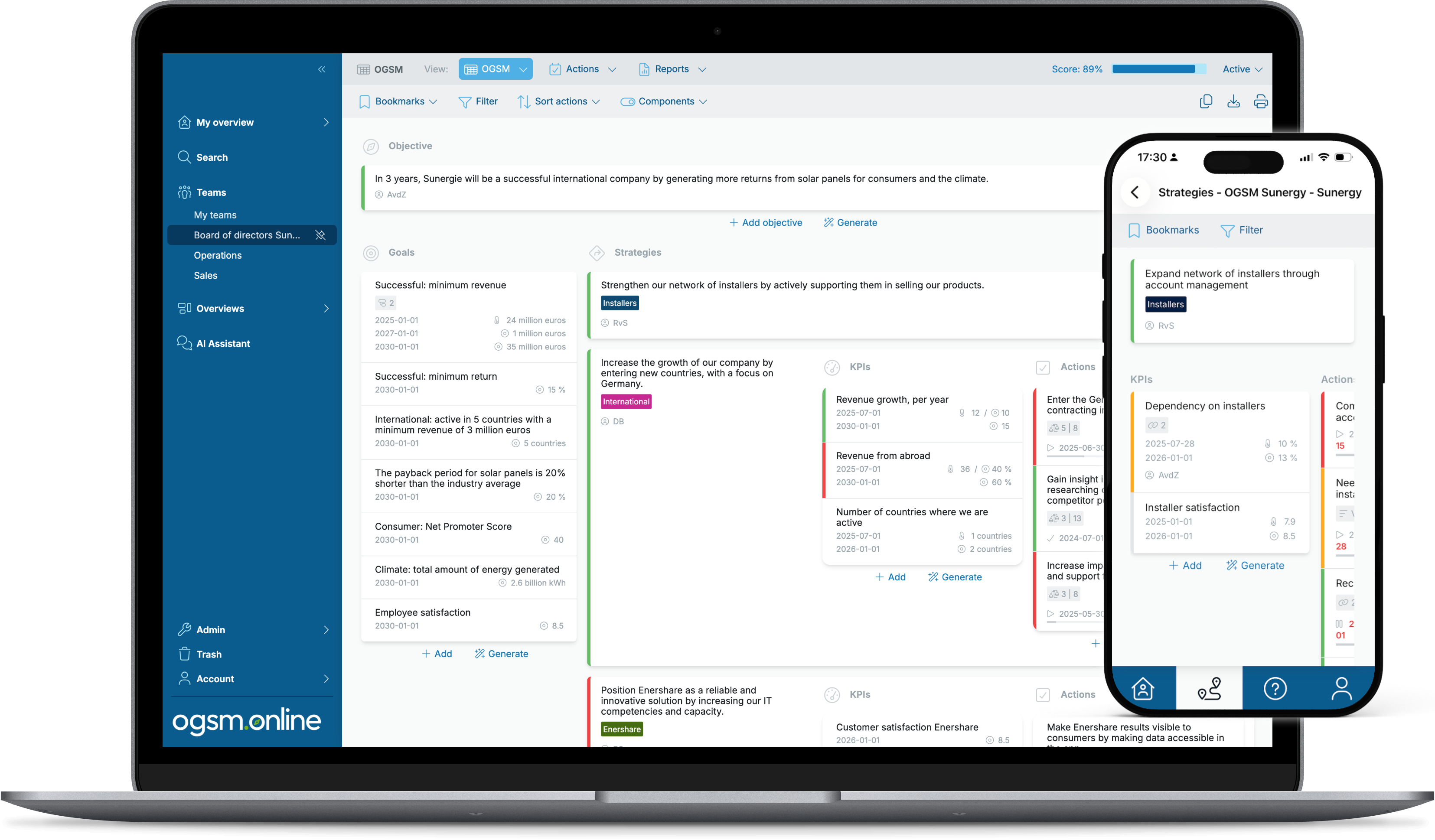 The OGSM.online one-page plan on desktop and the mobile app