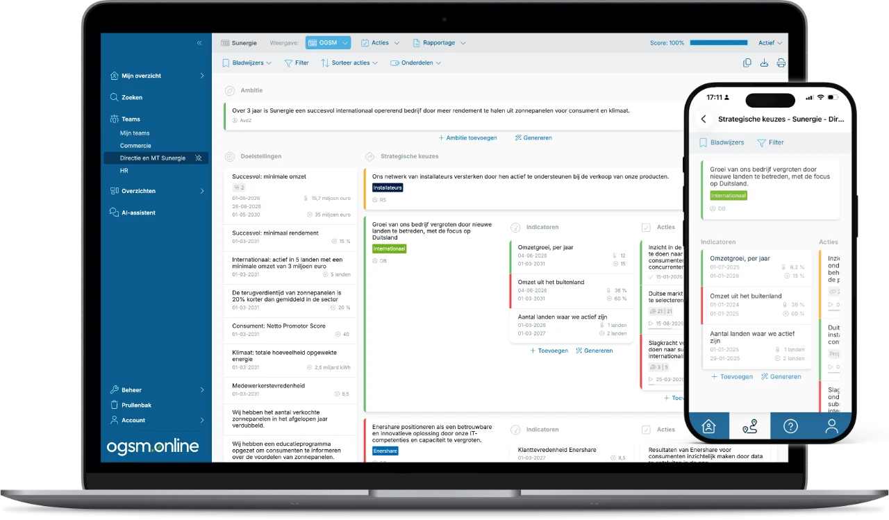 Een OGSM-plan open op een laptop in OGSM.online, met hetzelfde plan ernaast op een telefoon