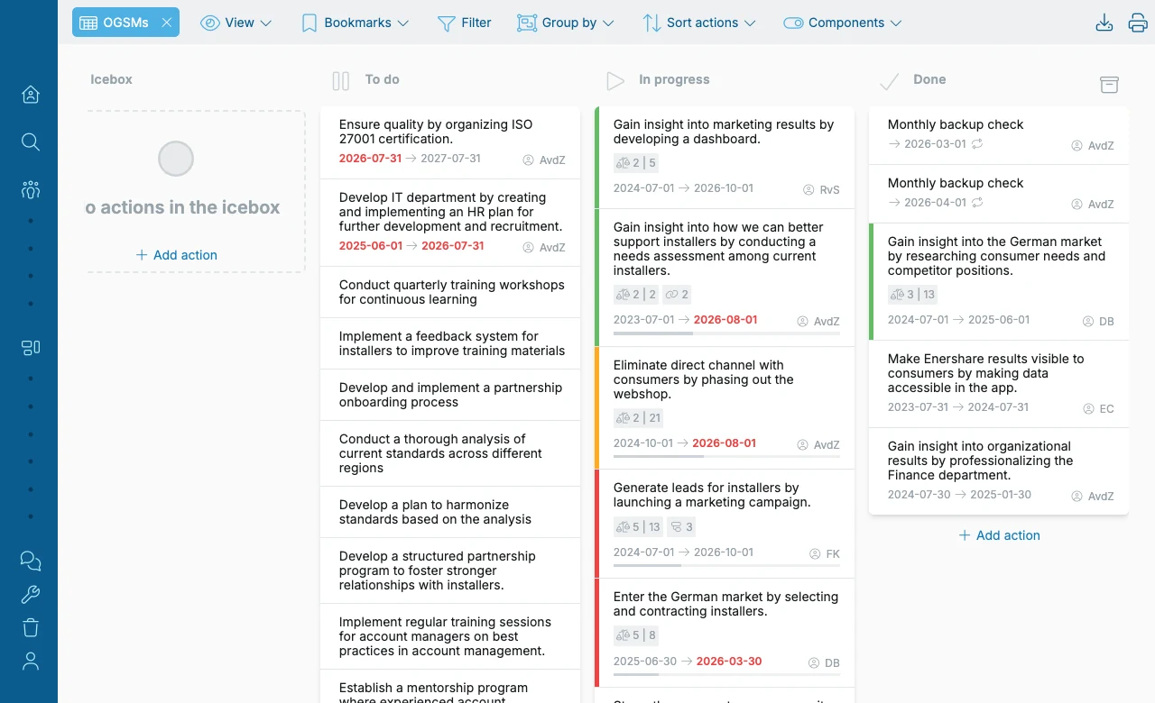 Actions from five OGSMs gathered into one board in OGSM.online, grouped by status