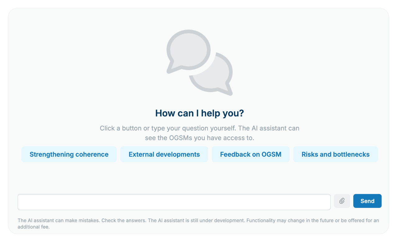 The OGSM.online AI assistant with suggestion buttons for coherence, external developments, feedback and risks