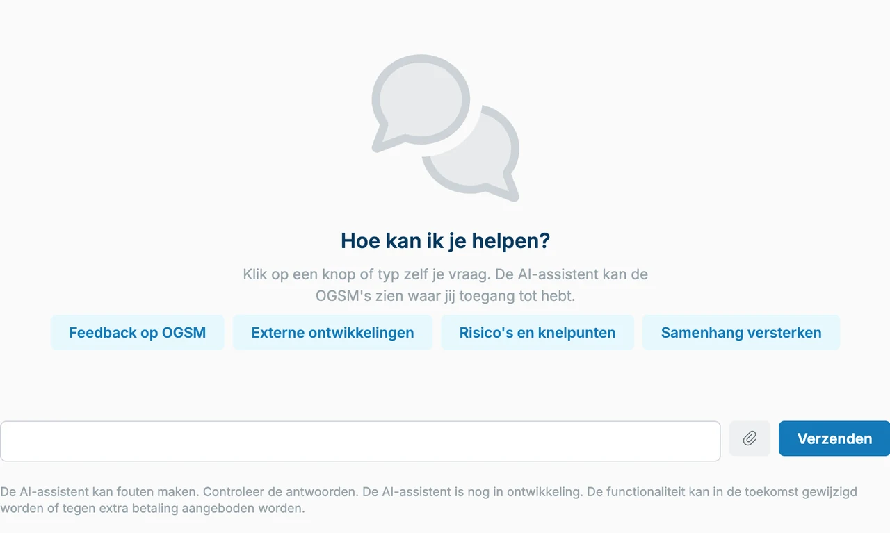 De AI-assistent van OGSM.online met suggestieknoppen voor samenhang, externe ontwikkelingen, feedback en risico's
