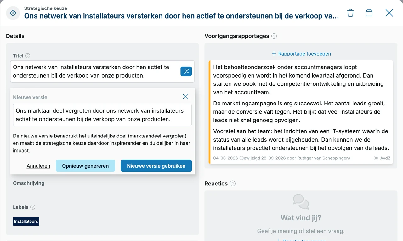De AI stelt een nieuwe versie van een strategische keuze voor, met uitleg over wat er is veranderd