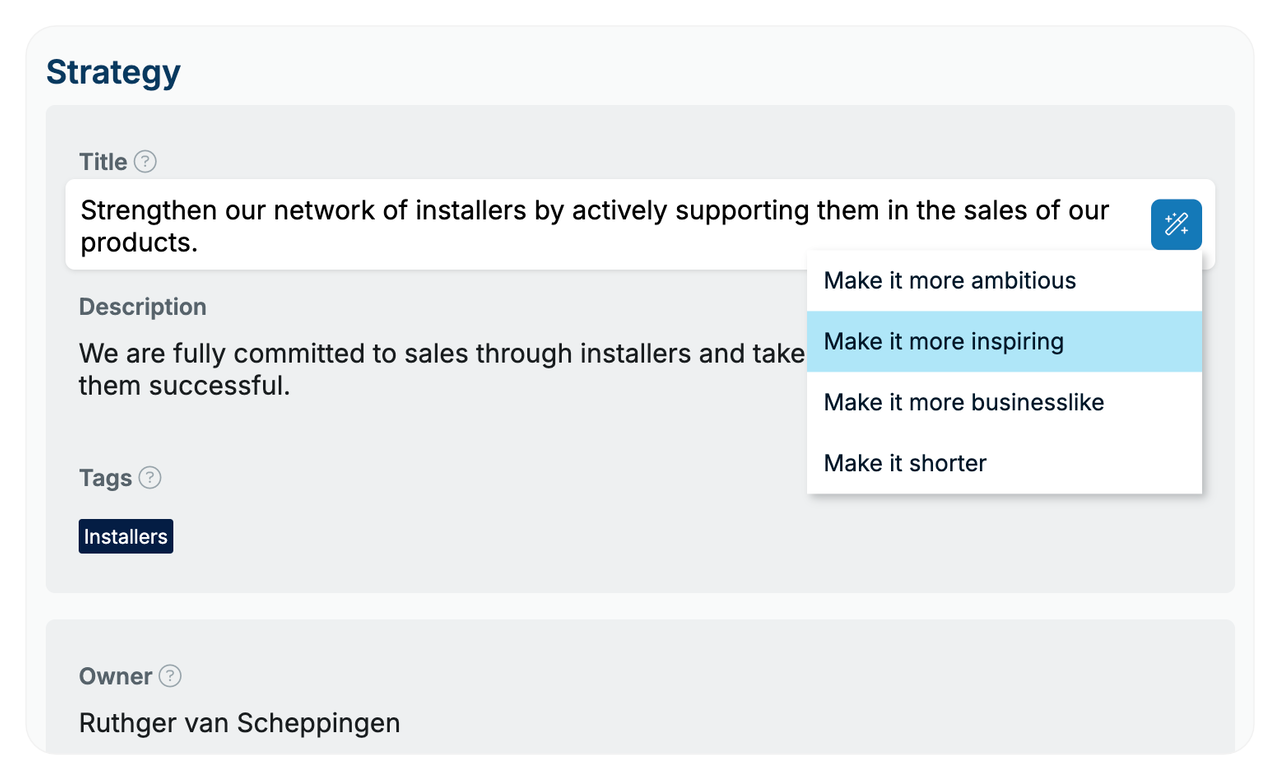 AI menu: make it more ambitious, inspiring, businesslike or shorter
