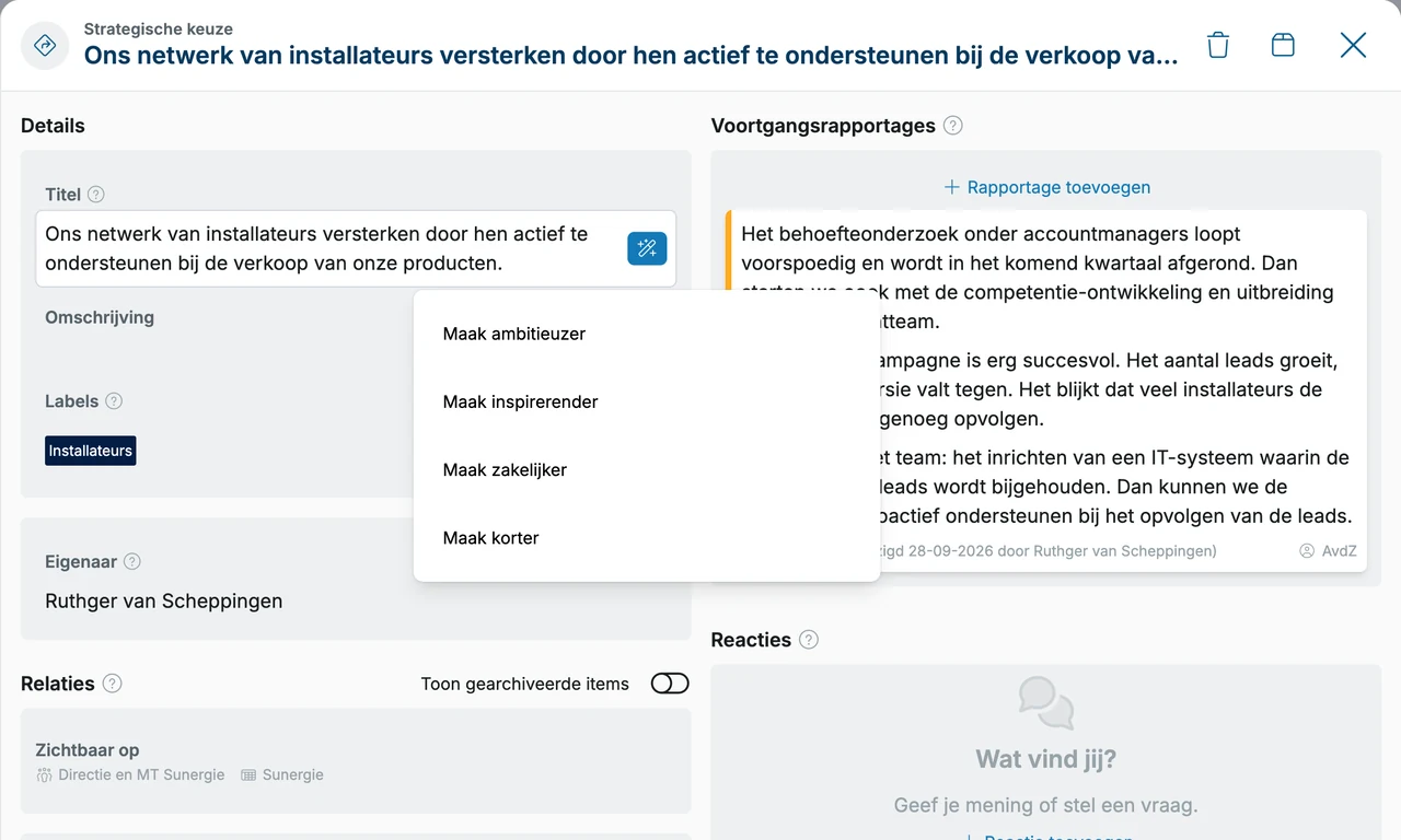 AI-menu: maak het ambitieuzer, inspirerender, zakelijker of korter