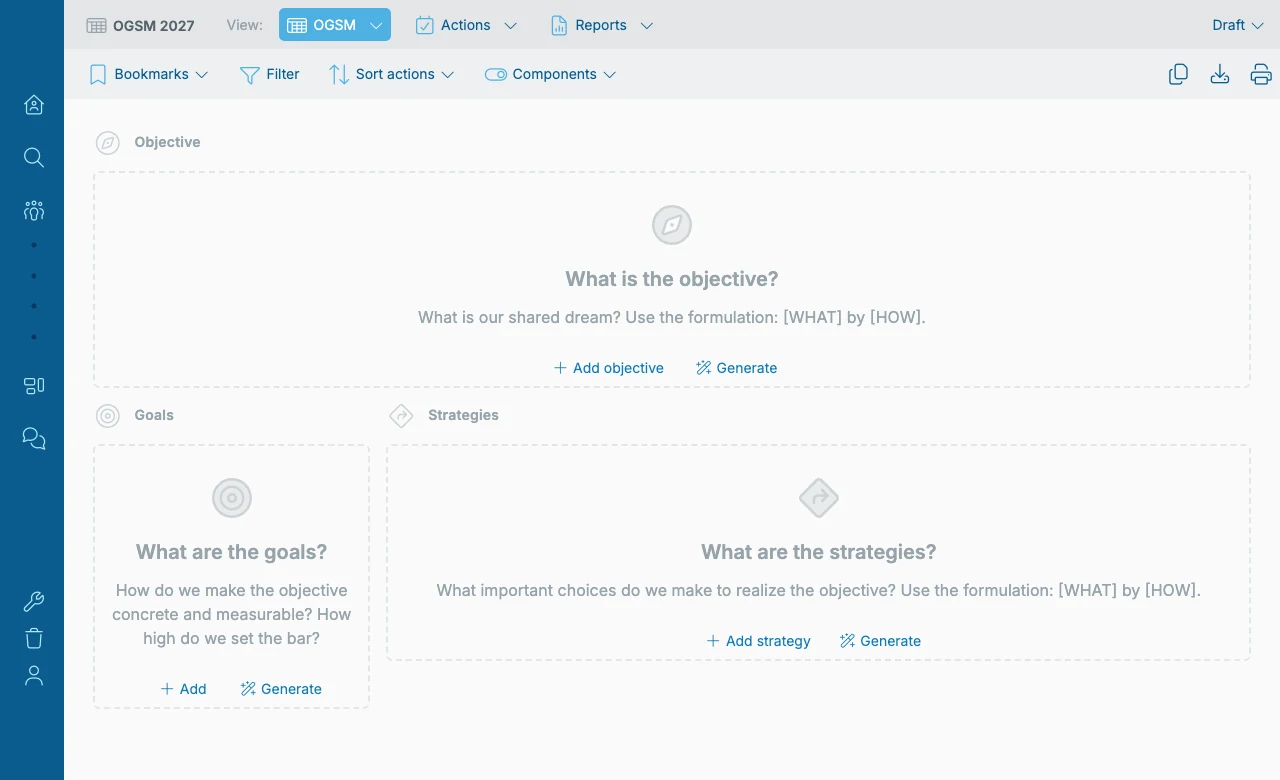 A new, empty OGSM in OGSM.online, with the Objective, Goals and Strategies blocks each asking the question that belongs in them