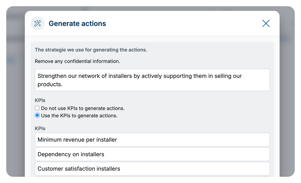 Generate actions dialog based on a strategy and its KPIs