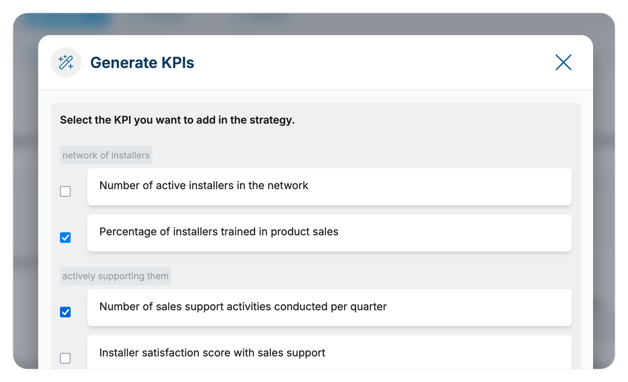 Generate KPIs dialog with selectable measures
