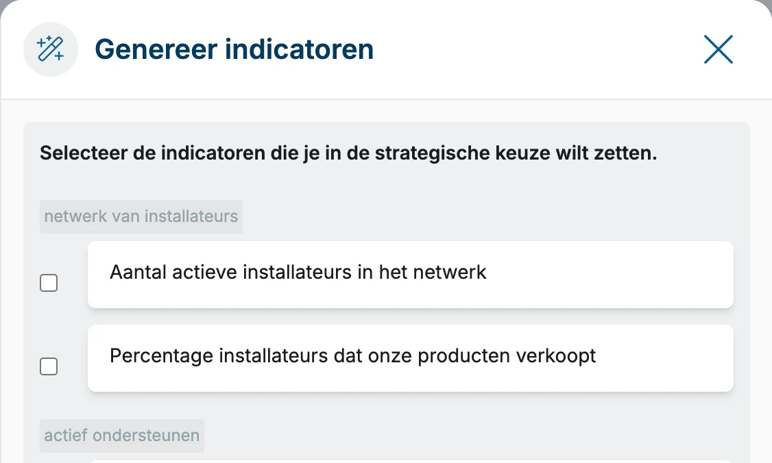 Scherm om indicatoren te genereren, met aan te vinken metingen