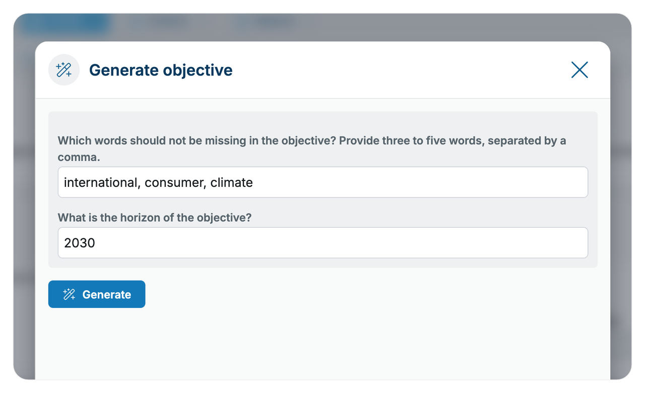 Generate objective dialog: enter key words and a horizon