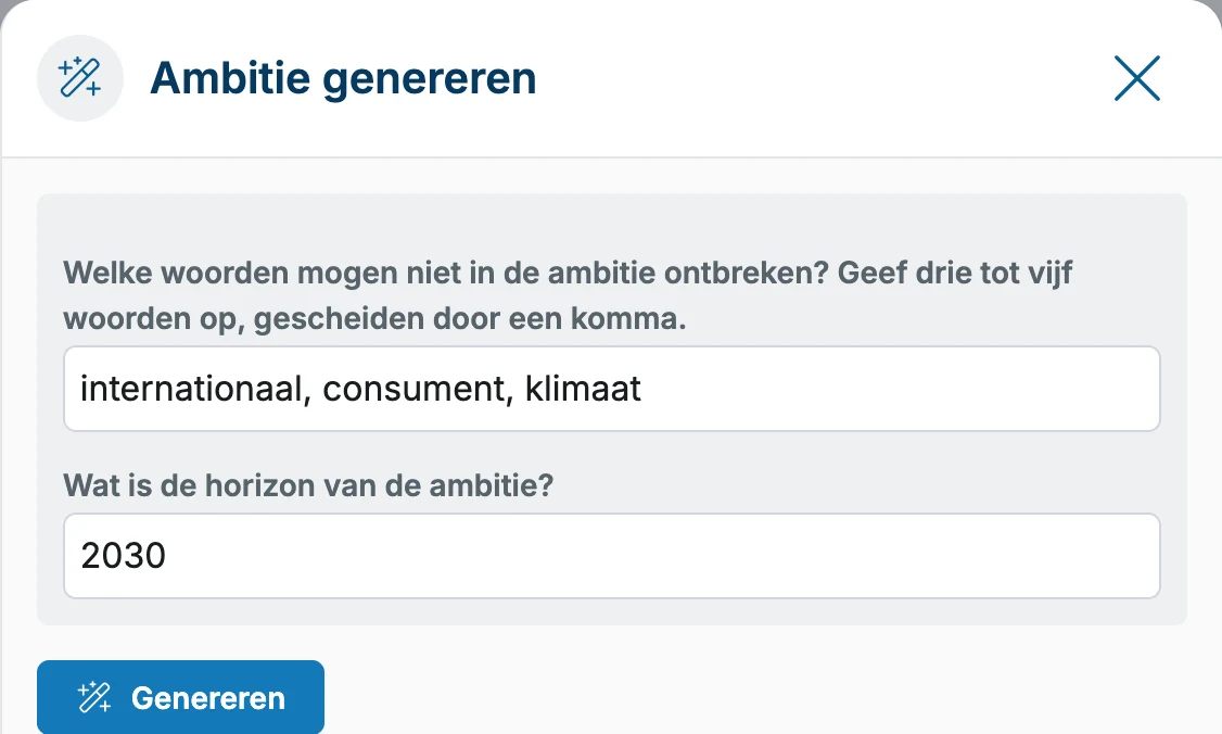 Een ambitie opstellen in OGSM.online, waarbij de AI-generator een eerste versie voorstelt