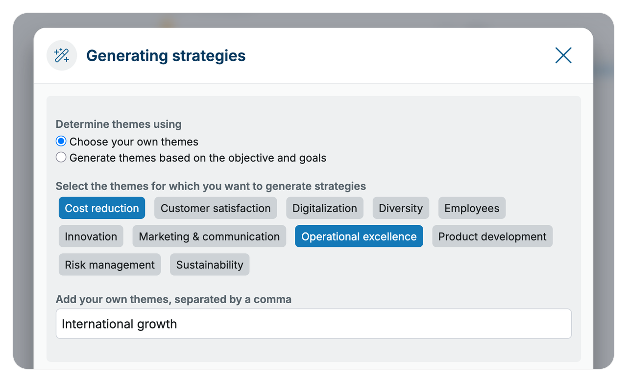 Generating strategies dialog with theme selection