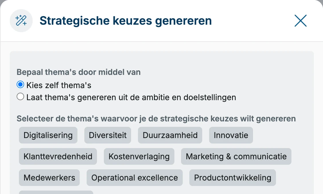 Scherm om strategische keuzes te genereren, met een keuze uit thema's
