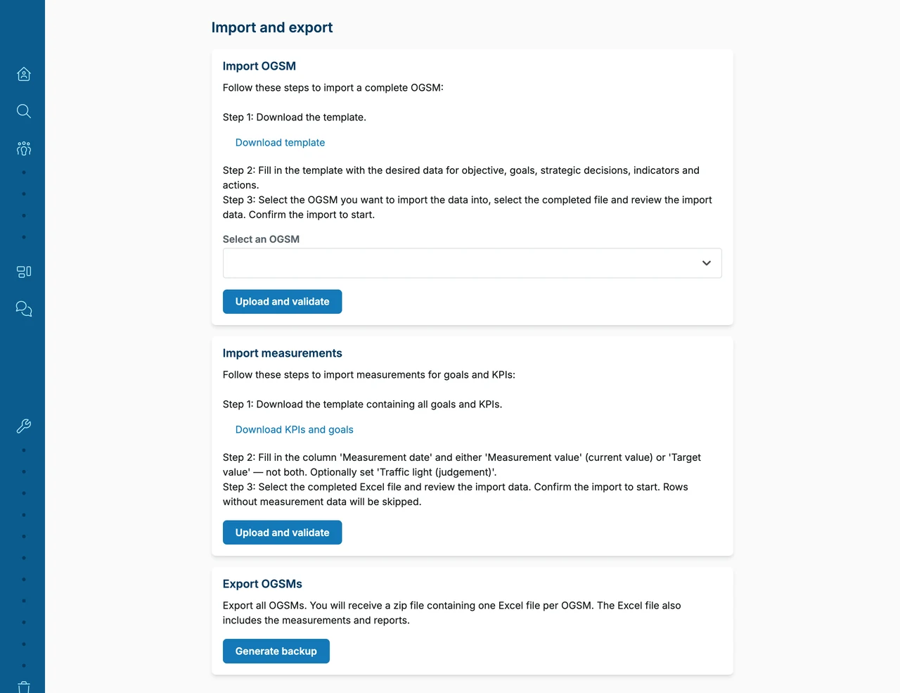 The import and export page in OGSM.online, with an Excel template to download for a whole OGSM and another for measurements