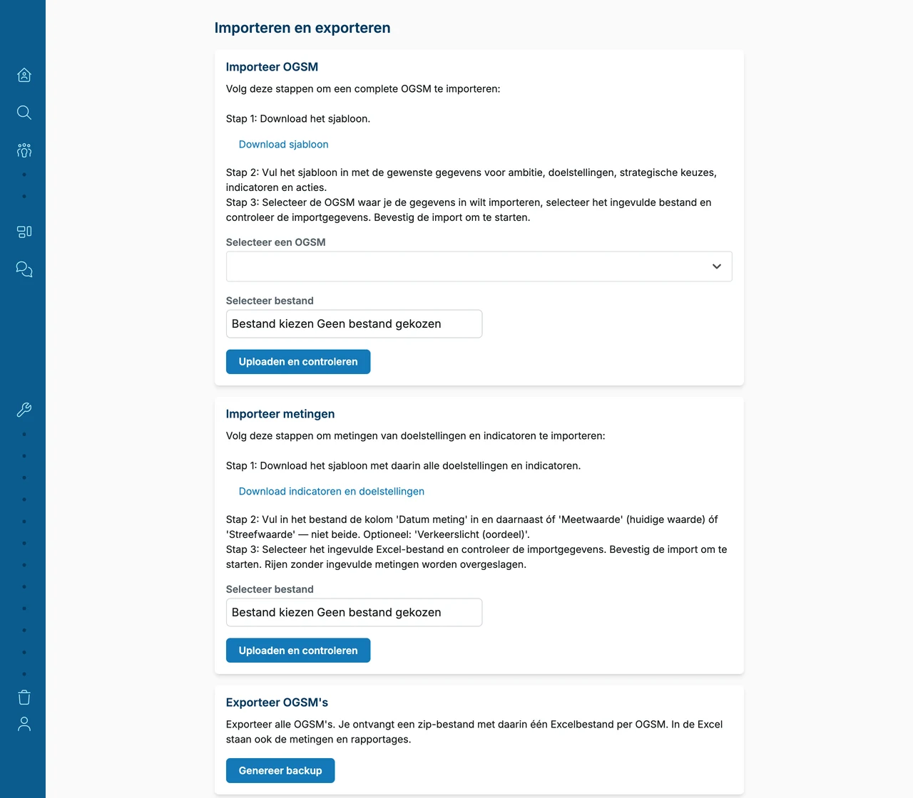 De import- en exportpagina in OGSM.online, met een Excel-template om te downloaden voor een hele OGSM en een tweede voor metingen
