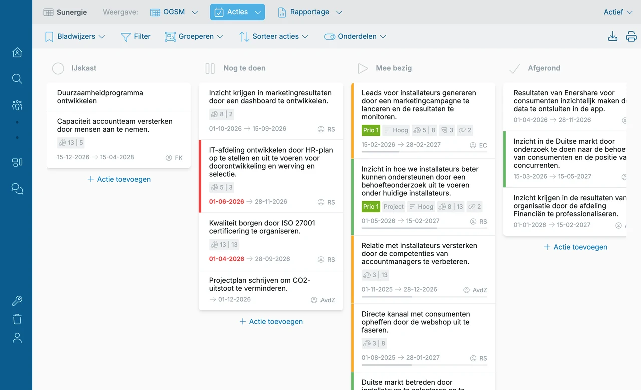 Acties op een kanbanbord in OGSM.online, gegroepeerd per statuskolom