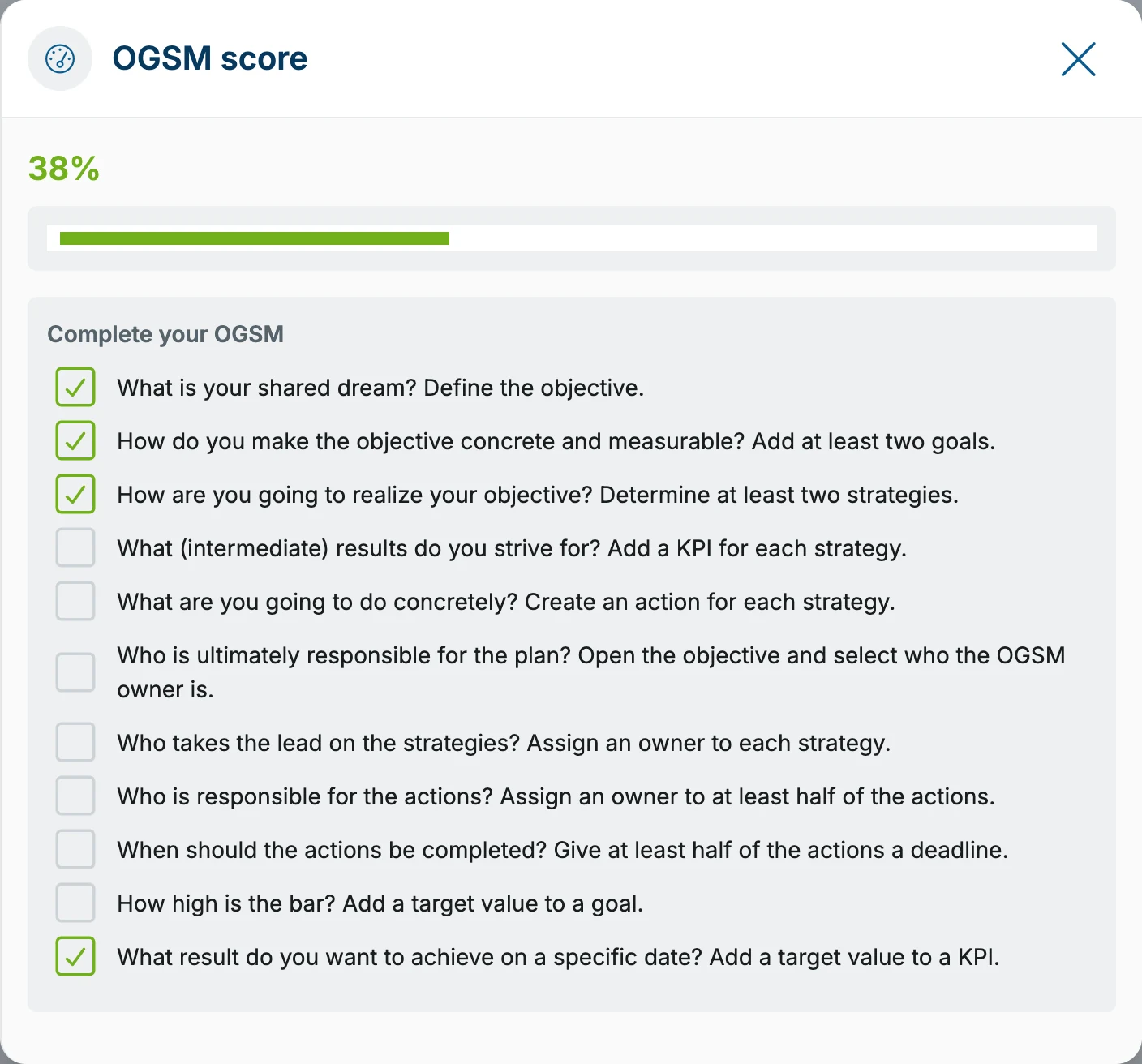 The OGSM score dialog in OGSM.online at 38 percent, with a checklist showing which criteria the plan already meets and which it does not