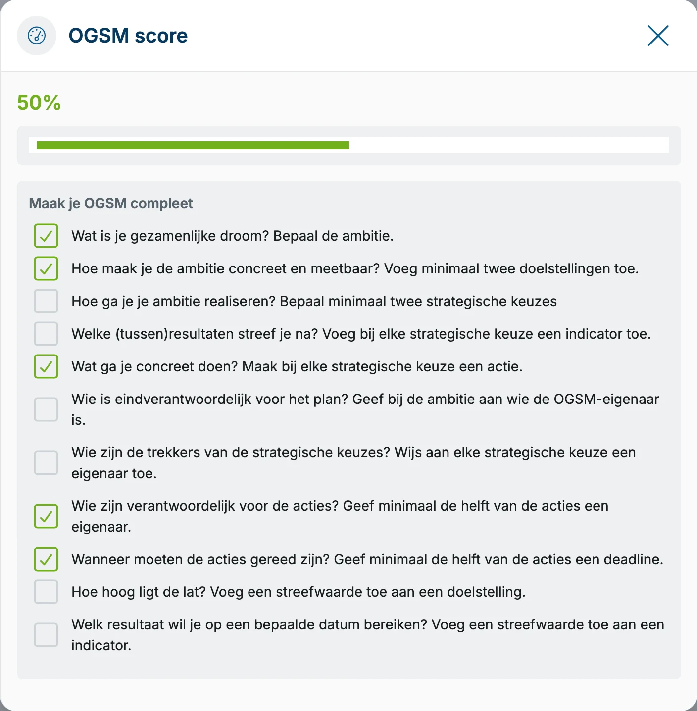 Het scherm met de OGSM-score in OGSM.online op 50 procent, met een checklist die laat zien aan welke criteria het plan al voldoet en aan welke niet