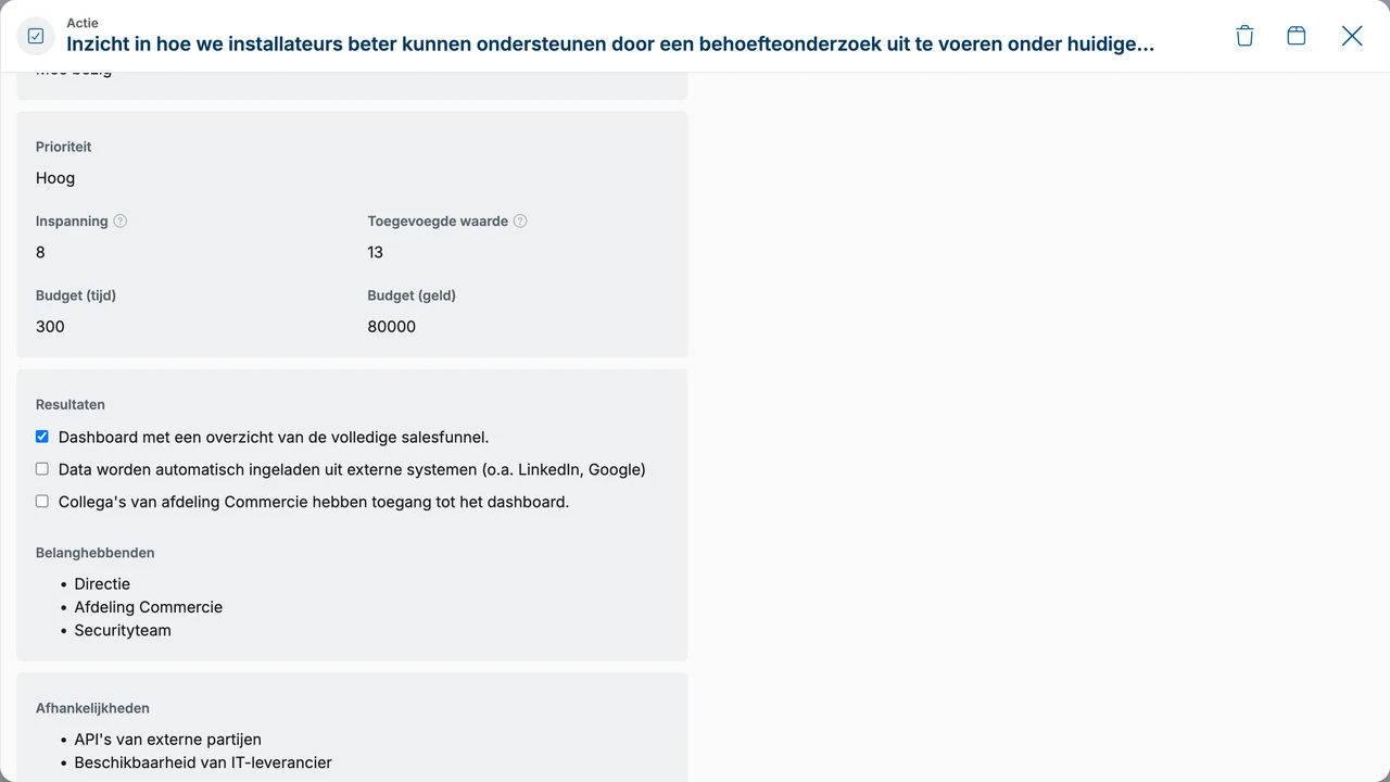 De businesscase van een project in OGSM.online, met prioriteit, inspanning, impact en budget in tijd en geld