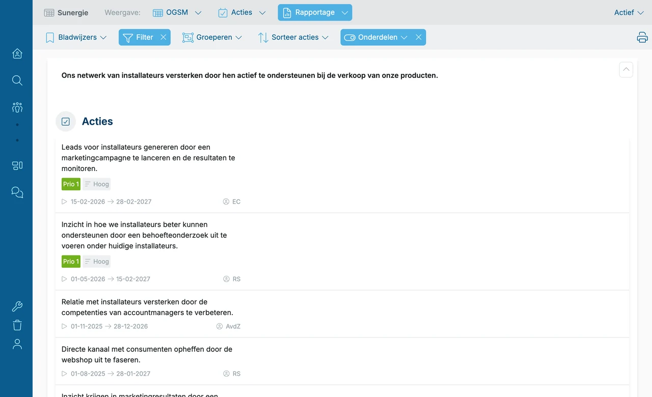 Een rapportage voor een doensessie in OGSM.online met voortgangspercentages en stoplichtstatus per actie