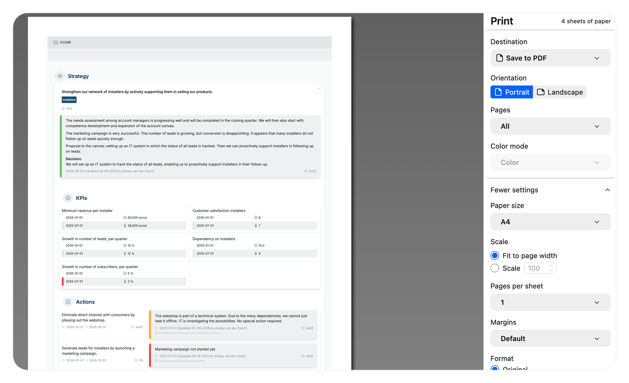 Exporting an OGSM report to a PDF on A4 paper