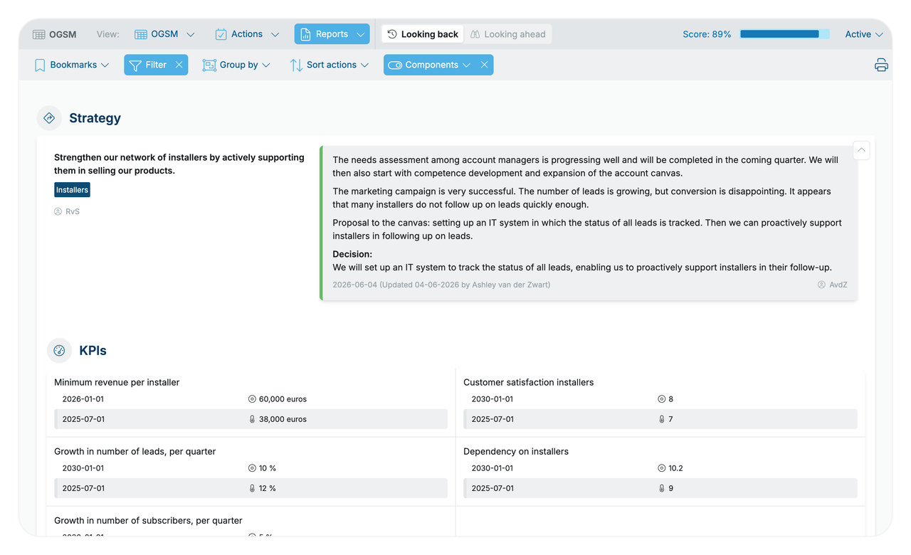 A strategy review report in OGSM.online showing progress and commentary per strategic choice