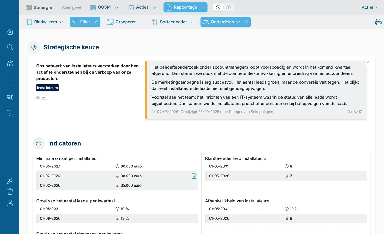 Een rapportage voor een bijstuursessie in OGSM.online met voortgang en toelichting per strategische keuze
