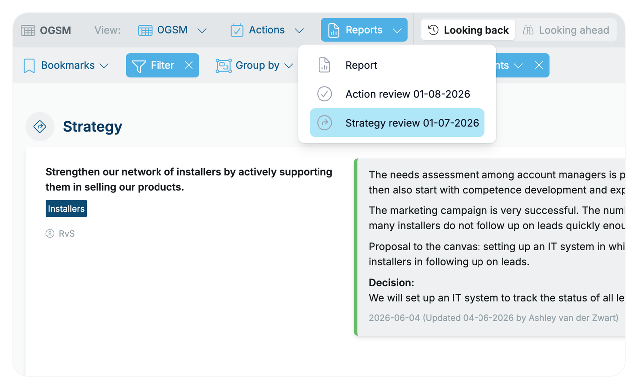 A report view in OGSM.online combining information from several OGSMs