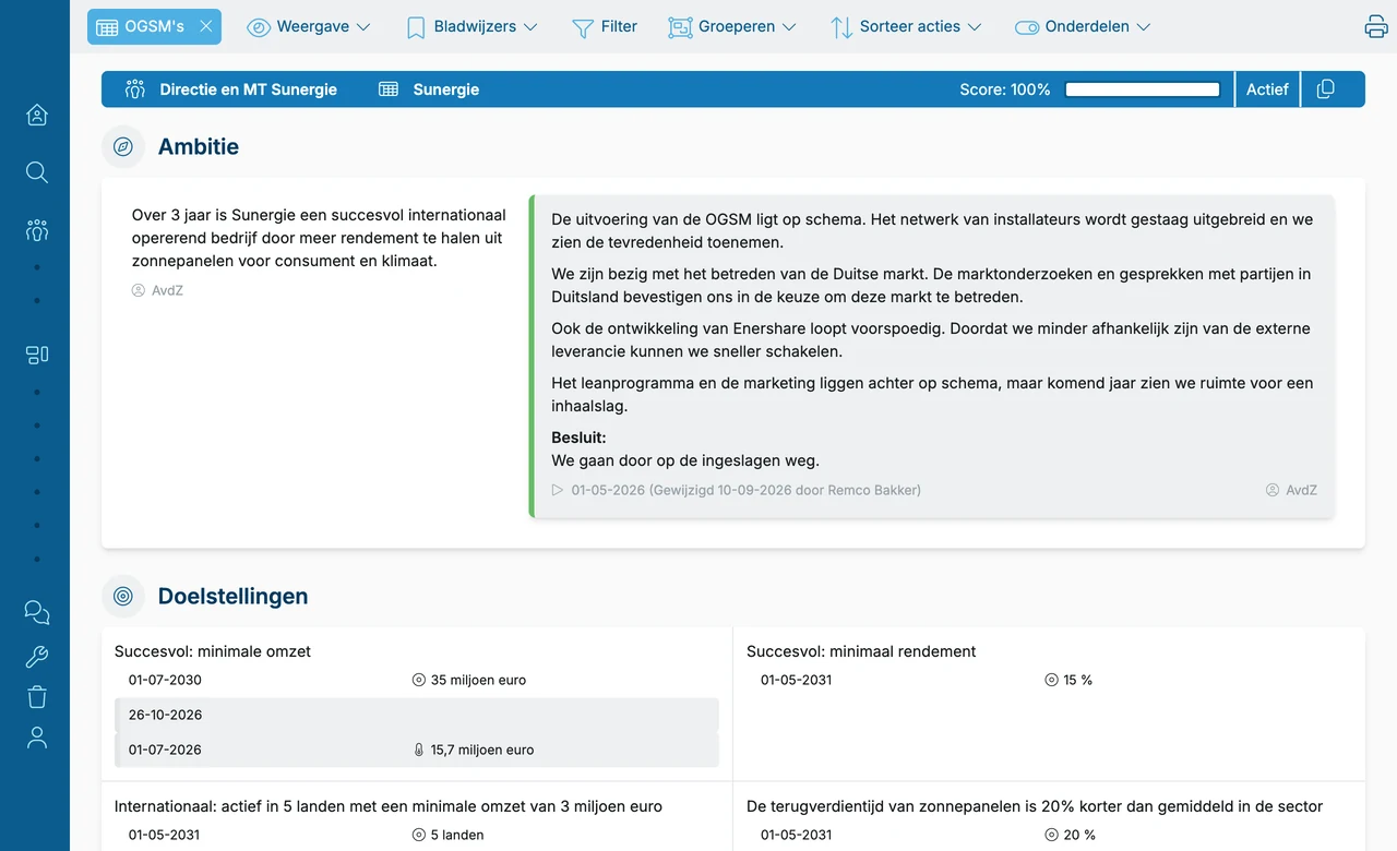 Een rapportweergave in OGSM.online die informatie uit meerdere OGSM's combineert