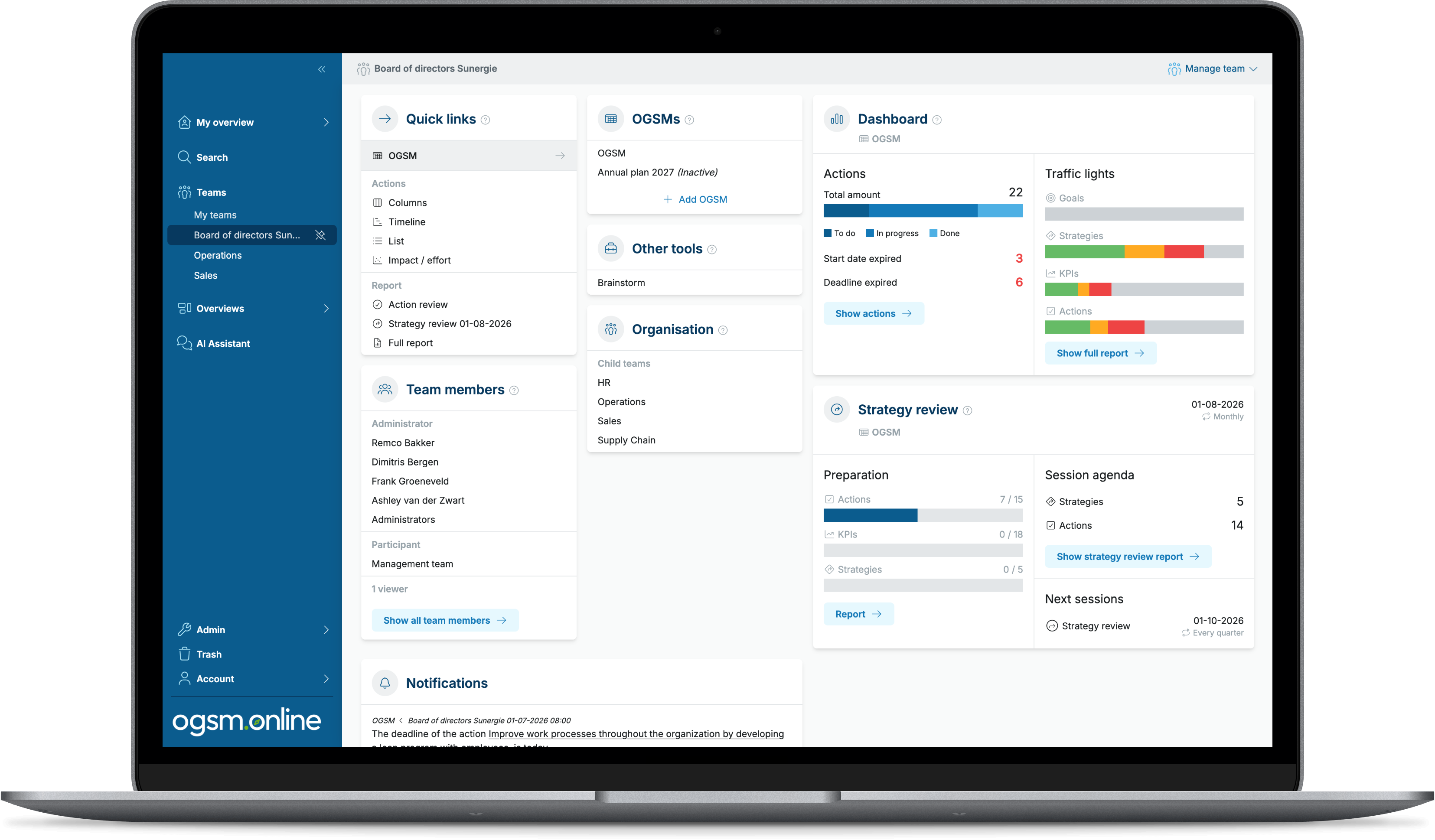The OGSM.online team dashboard with traffic-light status and strategy review